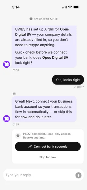 Onboarding chat offering to connect a bank account, with a skip option