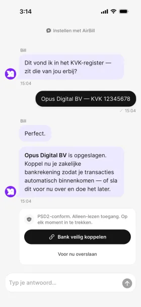 Onboarding-chat met de optie om een bankrekening veilig te koppelen of over te slaan