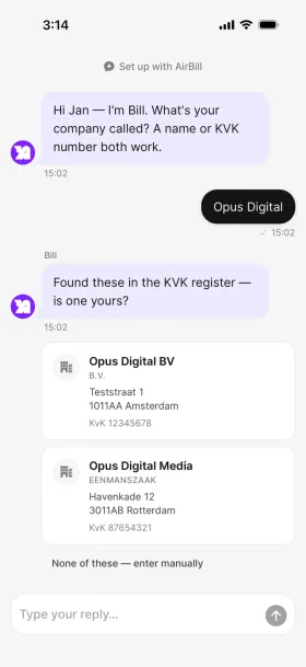 Onboarding chat showing KVK search results for Opus Digital, with company cards to choose from