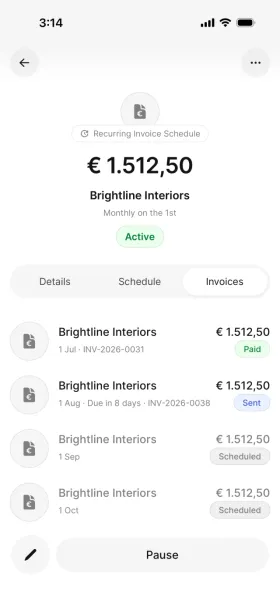 The schedule detail with sent and upcoming invoices