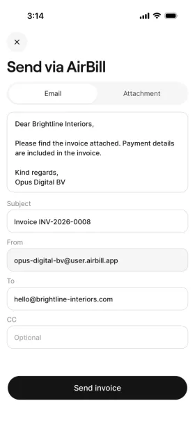 Invoice email screen before sending