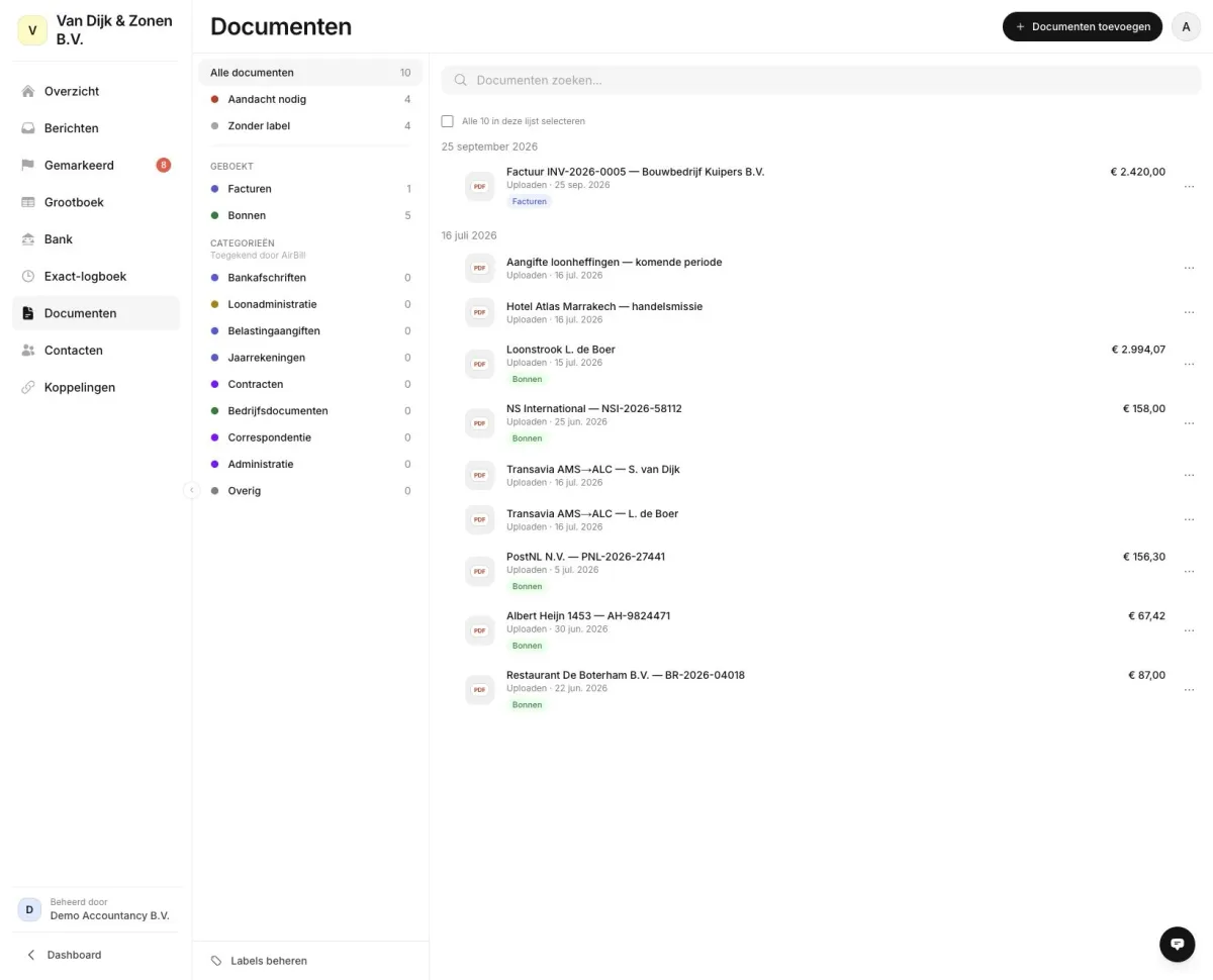 Documenten van de fictieve cliënt Van Dijk & Zonen met zoekveld, labels en bestanden